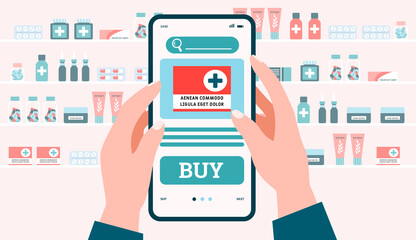 Online medicine banner. Remote internet pharmacy store. Search, select, ordering and buy medications using app on mobile phone. Vector flat illustration.