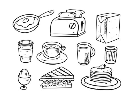 Breakfast doodle elements set. Hand drawing vector illustration. Cartoon style.