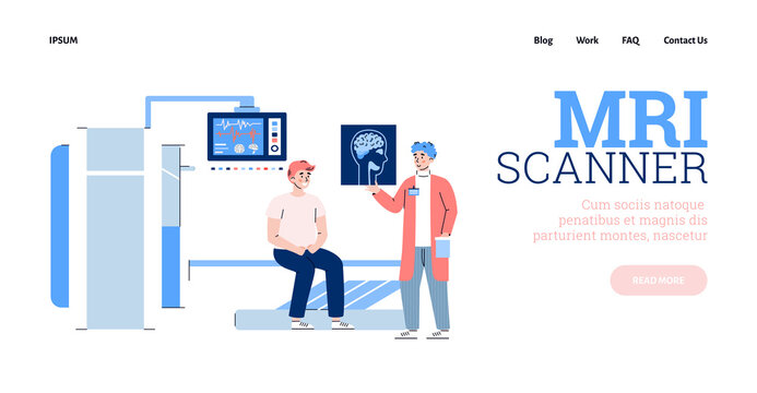 MRI research website banner with patient and doctor near MRI scanner, flat cartoon vector illustration. Computer healthcare researchers using Magnetic Resonance scanner.