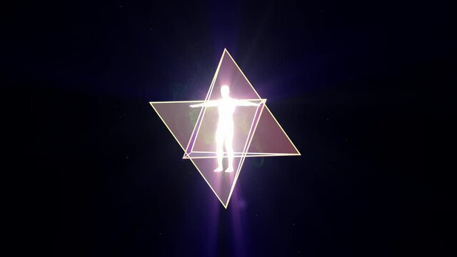 A looped 3D animation of the rotation of two tetrahedrons (Merkaba) inside which is a luminous man. on a dark background.
