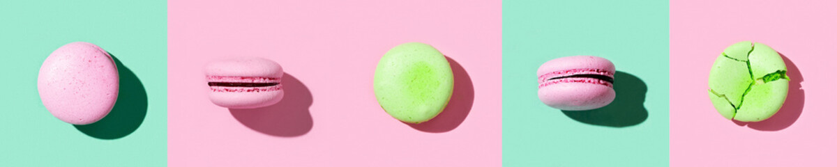 Regular creative pattern of colorful french cookies macarons. Pop art style banner.