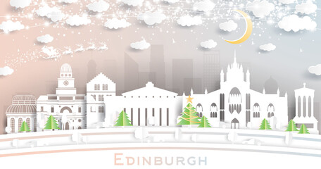 Edinburgh Scotland City Skyline in Paper Cut Style with Snowflakes, Moon and Neon Garland.