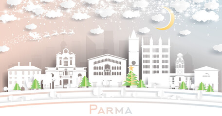 Parma Italy City Skyline in Paper Cut Style with Snowflakes, Moon and Neon Garland.