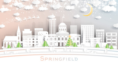 Springfield Illinois USA City Skyline in Paper Cut Style with Snowflakes, Moon and Neon Garland. - obrazy, fototapety, plakaty