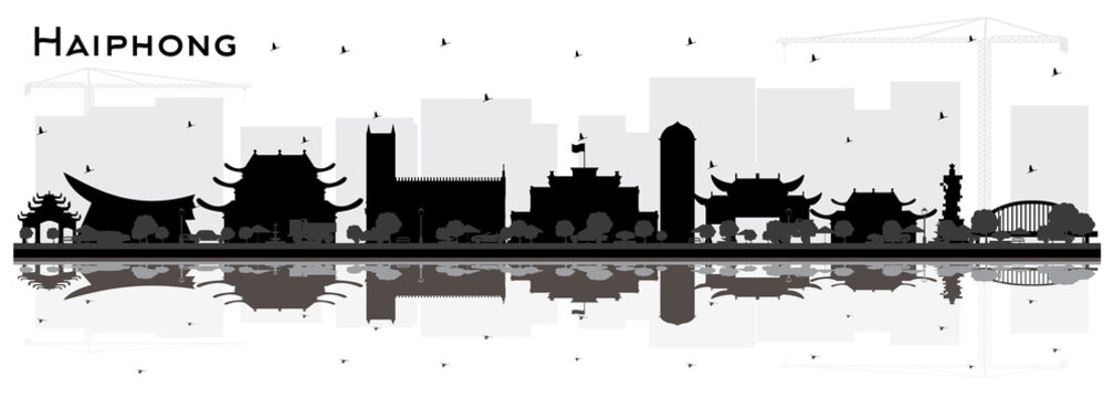 Haiphong Vietnam City Skyline Silhouette with Black Buildings and Reflections Isolated on White.