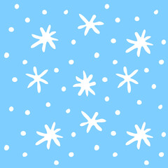 Vector Blue Winter background with simple primitive white snowflakes. Hand drawn, isolated. Snowfall and night sky