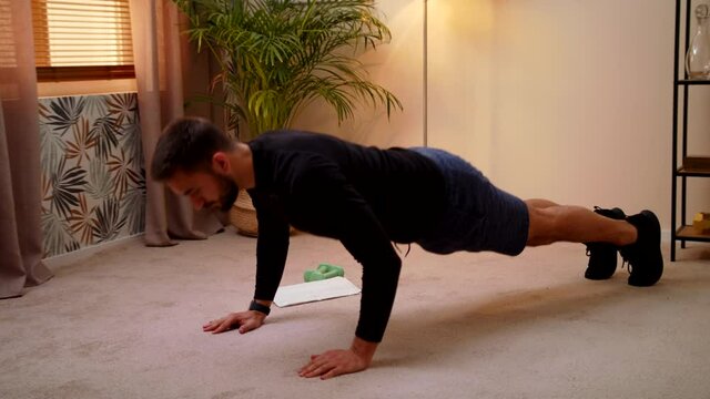 Young Caucasian Fit Man In Sportswear Doing Push-Ups Exercises At Home Male Enjoying Healthy Workout Lifestyle Sportsman Stay Home Quarantine Workout