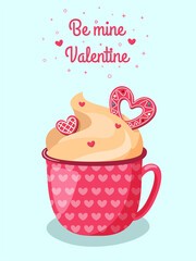 Cute red mug of hot chocolate with cream and pink heart shaped cookies. Romantic postcard for Valentine's Day. Vector illustration