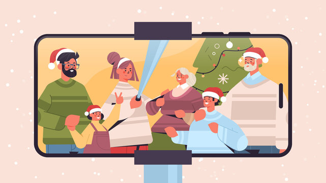 Multigenerational Family In Santa Hats Taking Selfie Photo On Camera New Year Christmas Holidays Celebration Concept Smartphone Screen Horizontal Portrait Vector Illustration