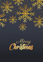 happy merry christmas golden lettering with snowflakes