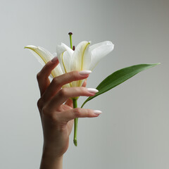 graceful woman's hand with a delicate manicure holds a white lily in his hand on a gray background