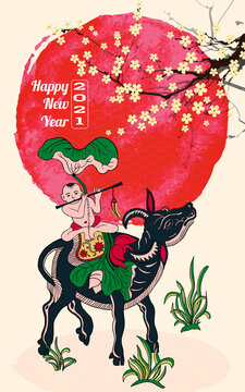 the kid playing bamboo flute in lunar new year day. dong ho painting style-traditional art printing of vietnam.