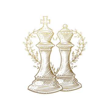 King And Queen, Luxury Gold Engraving Chess Pieces  With Floral Decoration