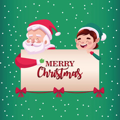 Fototapeta na wymiar happy merry christmas lettering card with santa claus and elf