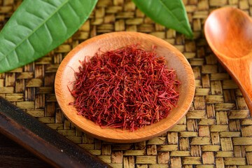 Close-up pictures of traditional Chinese medicine saffron on the background of retro Chinese style