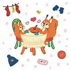 Christmas stickers family squirrels at the table