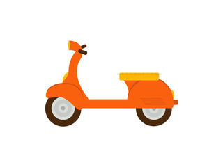 Orange retro scooter, side view. Moped for delivery, scooter for tourism. Environmentally friendly city transport. Two-wheeled motorbike in simple cartoon design. Flat vector isolated on white.