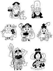 七福神のモノクロイラスト
