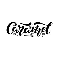 Vector illustration of caramel brush lettering for banner, leaflet, poster, clothes, confectionary or patisserie logo, advertisement design. Handwritten text for template, signage, billboard, print. 

