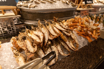Mussels, shrimps, crabs at a seafood buffet