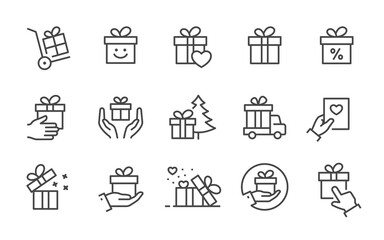Gift box icon set. Collection of present, package, discount ribbon and more. Vector illustration. Editable stroke.