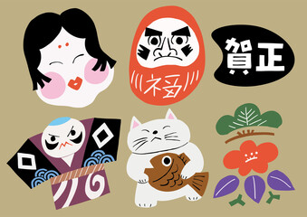 お正月イラスト_凧とダルマ