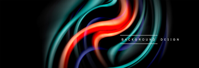 Dynamic motion abstract background. Color blurred stripes on black. Wave liquid lines poster. Vector illustration