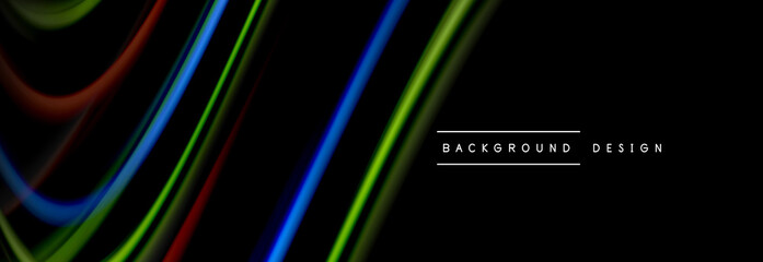 Dynamic motion abstract background. Color blurred stripes on black. Wave liquid lines poster. Vector illustration