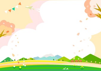 桜色の春のお出かけポスター背景イラスト　満開の桜とお花畑