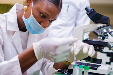 two young african health care researchers working in life science laboratory about the cure of the...