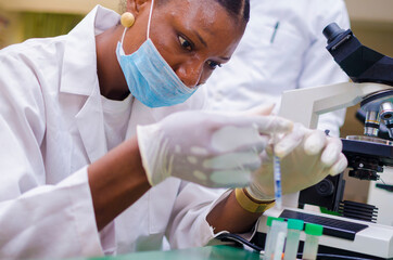 two young african health care researchers working in life science laboratory about the cure of the...