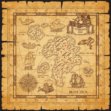 Pirate treasure map of skull island vector sketch
