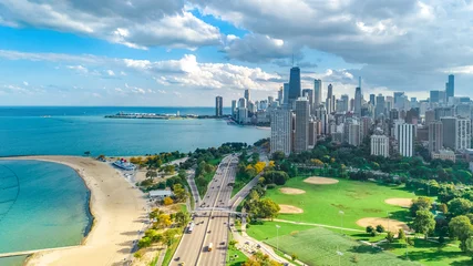 Fotobehang Chicago skyline aerial drone view from above, lake Michigan and city of Chicago downtown skyscrapers cityscape bird's view from park, Illinois, USA  © Iuliia Sokolovska