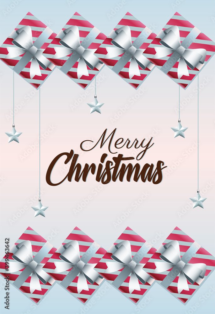 Poster happy merry christmas lettering card with gifts and stars hanging