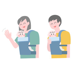 赤ちゃんを抱っこ紐を使ってだっこする保護者イラスト素材