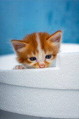 portrait of little orange kitten hide behind white sterofoam board