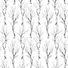 Seamless pattern with birches. .Pencil drawing illustration. The print is used for Wallpaper design, fabric, textile, packaging