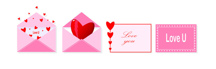 Set of Cute pink envelopes with hearts and lettering for Valentine's Day
