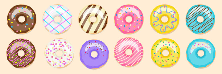 Donuts. Donut vector set isolated on white background. Donuts in colorful glaze, assorted baby sweets, confectionery for menu design, cafe decoration and set of vector glazed delivery box lids.