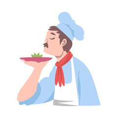Chef Smelling Delicious Dish, Cook Character in Hat and Apron Cooking in the Kitchen Cartoon Style Vector Illustration
