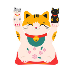 Japanese Maneki Neko with Kittens in its Paws, Japanese Traditional White Lucky Cat Doll Cartoon Style Vector Illustration
