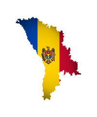 Obraz premium Vector isolated illustration with Republic of Moldova national flag with shape of simplified map. Volume shadow on the map. Tricolour with eagle holding shield. White background