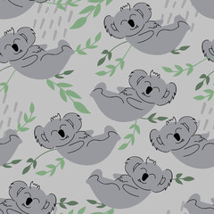 Koala sleeping on its back in twigs. seamless pattern. Decorative wallpaper for the nursery in the Scandinavian style. Vector. Suitable for children's clothing, interior design, packaging, printing.