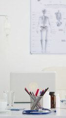 Modern medical meeting room office with nobody in it. Empty hospital private clinic room healthcare system, ready for medical conference with profesional doctors, medicine cabinet for brainstorming.