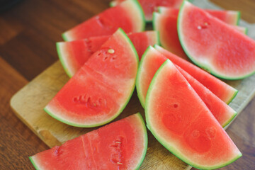 Bright red fresh watermelon slices top view.