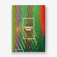 Creative Christmas cover frame design paint golden splatter, gold glitter vector illustration. Neon red green abstract template invitation. Colorful striped pattern geometric shape greeting background
