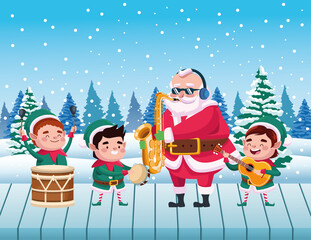 Fototapeta premium cute santa claus and helpers playing instruments snowscape scene