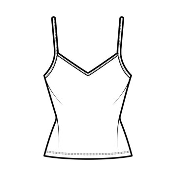 Camisole V-neck cotton-jersey top technical fashion illustration with thin adjustable straps, slim fit, tunic length. Flat outwear tank template front, white color. Women men unisex CAD mockup