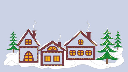 Christmas fairy village,  houses and spruce decorated with glowing garlands, flat design,  Christmas greeting card with copy space, vector illustration. 