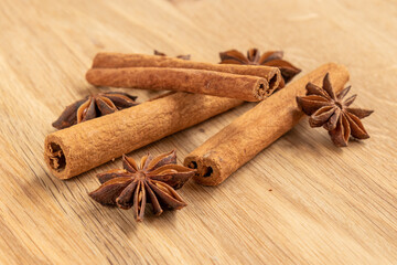 Cinnamon and Star Anise on wooden table.